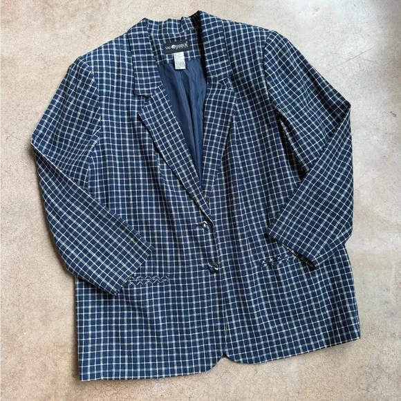 Vintage 90s Sag Harbor Navy Plaid Linen Blazer - Picture 2 of 6